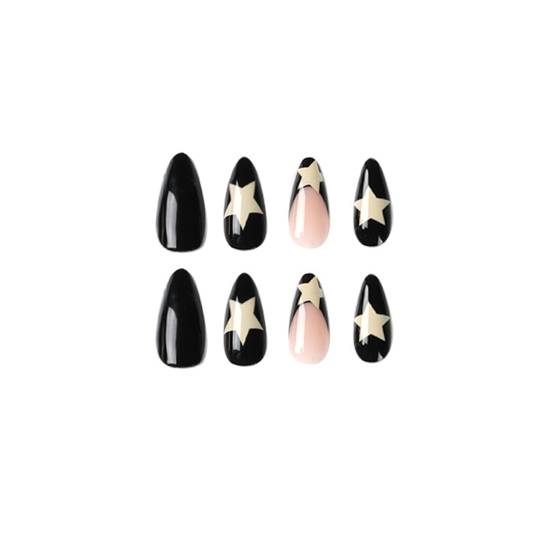 French Black Edge White Star Press-On Nails (Wholesale)