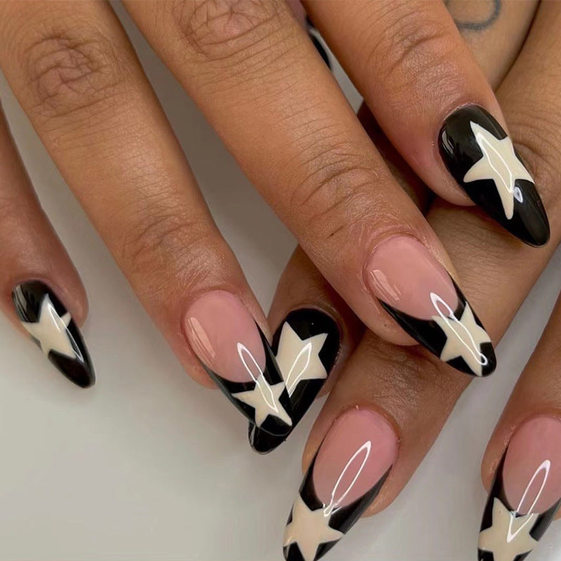 French Black Edge White Star Press-On Nails (Wholesale)