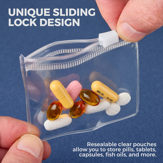 25pcs Slide Lock Plastic Mini Bags, Resealable Bags, Plastic Self Sealing Travel Medicine Organizer Bags for Pills Vitamins, Supplements, Jewelry, Crafts, Small Items, Reusable, Travel Friendly
