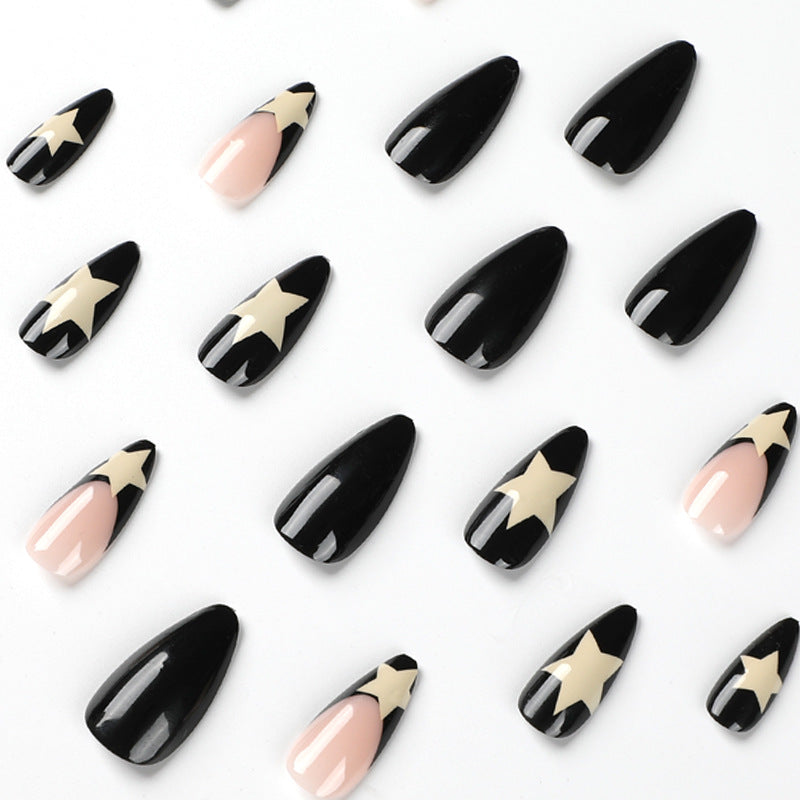 French Black Edge White Star Press-On Nails (Wholesale)