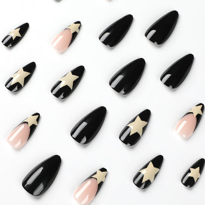 French Black Edge White Star Press-On Nails (Wholesale)