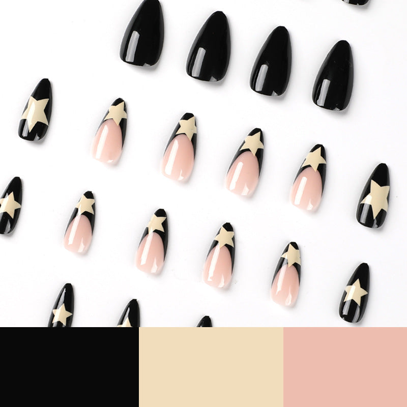 French Black Edge White Star Press-On Nails (Wholesale)